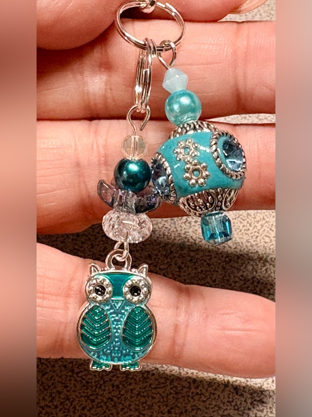Teal Owl Charm Keychain with Beaded Accent - Women Jewelry/purse dangle